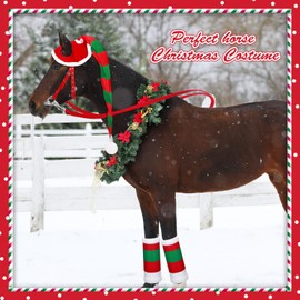 Dansydaisy 6 Pcs Christmas Horse Costume Accessories Horse Santa Hat Leg Wraps with Faux Fur Trim Adjustable Halter Xmas Tack(Red Green)