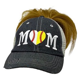 Cocomo Soul Womens Ball Mom Hat | Half Baseball Half Softball Hat | Ball Mom Messy Bun Top Ponytail Hat | Baseball Mom Cap |405 Dark Grey