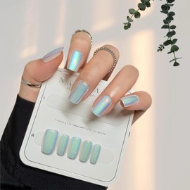 DM DOMAII Press on Nails Short-Aurora Sea Blue Color Plated Nail Flash White Fairy Wear Nail Removable in 15 Sizes-30 Fake Nails Kit,Glossy Finish for Women Girls