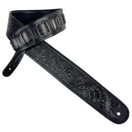 Walker & Williams LIF-02 Distressed Black Handmade Leather Padded Guitar Strap with Western Sheridan Tooling For Acoustic, Electric, And Bass Guitars