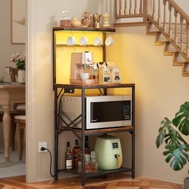 Kitchen Bakers Rack with Power Outlet & LED Lights, Small Coffee Bar Table with Adjustable Storage Shelf, 4 Tiers Microwave Stand with 8 Hooks, Coffee Station for Appliance Organizer, Rustic Brown
