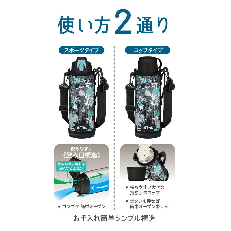 THERMOS Vacuum Insulated 2-Way Bottle 1L/1.03L Black Aqua with Direct