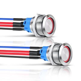 acegoo 19mm 12V Switch Push Button SPST ON/OFF Switch Red LED Ring Light 12V-24V 5A Self-locking for RV Camper Van Boat Truck Auto Car Lighting, Pre-wired Pigtail Copper Shell (2Pcs, Silver)