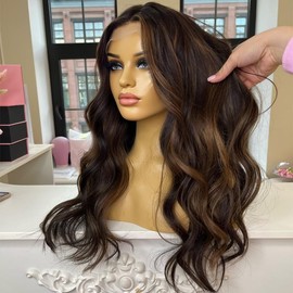 21AE Ombre Highlight Color Wear and Go Glueless Wigs 1B/30 Honey Blonde Lace Front Wigs Human Hair Pre plucked Frontal 22 Inch Long Wavy Body Wave Wigs for Women 13x4 HD Lace Frontal