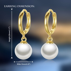 JAXXEL White Pearl Earrings for Women,Hoop Pearl Drop Earrings 18K Gold Plated Hypoallergenic Earrings Pearl Drop Earrings Fine Jewelry for Women Size 10MM