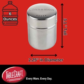 TableCraft 11050 Cinnamon Shaker, 6 oz., Stainless Steel Dredge with "Cinnamon" Imprint, Mirror Finish, Dishwasher Safe, Home, Café, Foodservice & Coffee Bar Use
