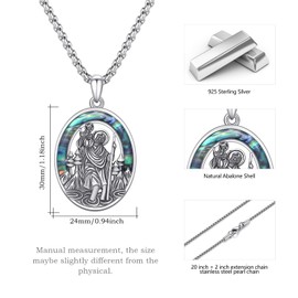 Saint Christopher Necklace S925 Sterling Silver Abalone St Christopher Medal Bless Safety Religious Religion Catholic Patron Amulet Medal Pendant Gift Protect Us for Men Women Family Parent Friend
