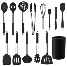 TeamFar Cooking Utensils, 14 PCS Silicone Kitchen Utensil Set with Stainless Steel Handle, Spatula/Spoon/Holder/Whisk, Non-Toxic & Non-Stick, Heavy Duty & Heat-Resistant, Dishwasher Safe, Black