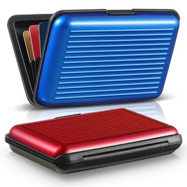 BBTO 2 Pieces Credit Card Holder Slim Mini RFID Blocking Credit Card Protector Aluminum Business Box Metal ID Organizer Wallet with 6 Slots for Women Men(Red, Blue)