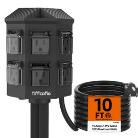 TiFFCOFiO Outdoor Power Strip with Stake Waterproof, 10 FT Extension Cord, 6 Grounded Outlets for Outdoor Lights, 14 AWG, 15A/1875W, ETL Listed (10 FT)