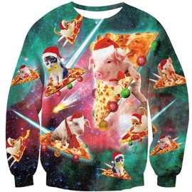 Loveternal Herren Damen Ugly Christmas Pullover Sweatshirts 3D Print Xmas Pizza Long Sleeve Crew Neck Sweater Funny Tops Jumpers XL