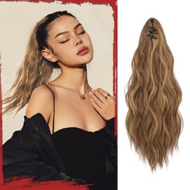 SOFEIYAN Ponytail Extension 16" Curly Wavy Claw Clip Ponytail Hair Extensions Small Claw Clip in Hairpiece Fluffy Clip on Pony Tails Jaw Clips for Women Synthetic Hairpiece, Brown & Blonde