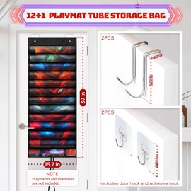 CAROCUT 12+1 Playmat Tube Storage Bag, Hanging Playmat Holder, Portable Playmat Case for MTG/TCG/RPG Mat Storage, 12 Clear Plastic Slots with 2 Door Hooks and 2 Adjustable Hooks, Black