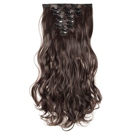 8Pcs 18Clips Full Head Clip in Hair Extensions Long Curly Synthetic Thick Hair Extension Ombre Wavy Hairpiece for Women 24" Dark Brown