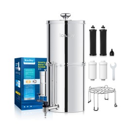 Gravity-Fed Water Filter System, 3-Gallon Stainless Steel System with 3 Carbon Filters and 3 Fluoride Filters, Metal Water Level Spigot, Reduces Chlorine, Gravity Tank Series.