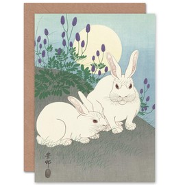 Ohara Koson Rabbits Full Moon Japanese Woodcut Fine Art Greeting Card Plus Envelope Blank Inside
