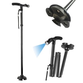 PIENSE ステッキ 杖 折りたたみ 自立式 LEDライト付き 介護用品 歩行器 高齢者用 4本足