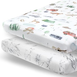 Pobibaby - 2 Pack Premium Pack N Play Sheets Fitted for Standard Pack and Plays and Mini Cribs - Ultra-Soft Cotton Blend, Stylish Woodland Pattern, Safe and Snug for Baby (Explore)