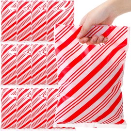 Saypacck 100 Pieces Christmas Plastic Gift Bags Bulk Red and White Striped Treat Bags with Handle 8 x 12 Inch Xmas Candy Goodie Bags Striped Merchandise Bags for Christmas Party Favor Decoration