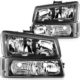 cciyu Headlight Assembly Compatible with 2003 2004 2005 2006 For Chevy Silverado Avalanche 1500 1500HD 2500 2500HD 3500/2007 Classic Pickup Headlamp Replacement w/Bumper Lamp Set, Black Housing Clear