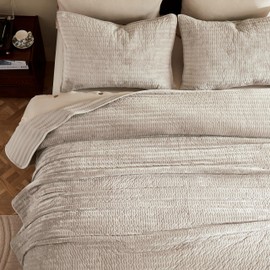 WDCOZY Velvet Queen Size Quilt Set - Beige Striped Pick Stitch Soft Lightweight Bedspread, Neutral Channel Farmhouse Country Rustic Coverlet, Modern Bedding Warm Thin Comforter, 3 Pieces