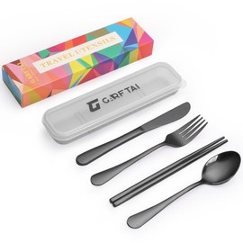 GARFTAI Portable travel utensils set with case. 4Pcs Stainless teel black silverware travel set .Reusable camping utensils silverware.Include knife fork spoon chopsticks with case (Black)