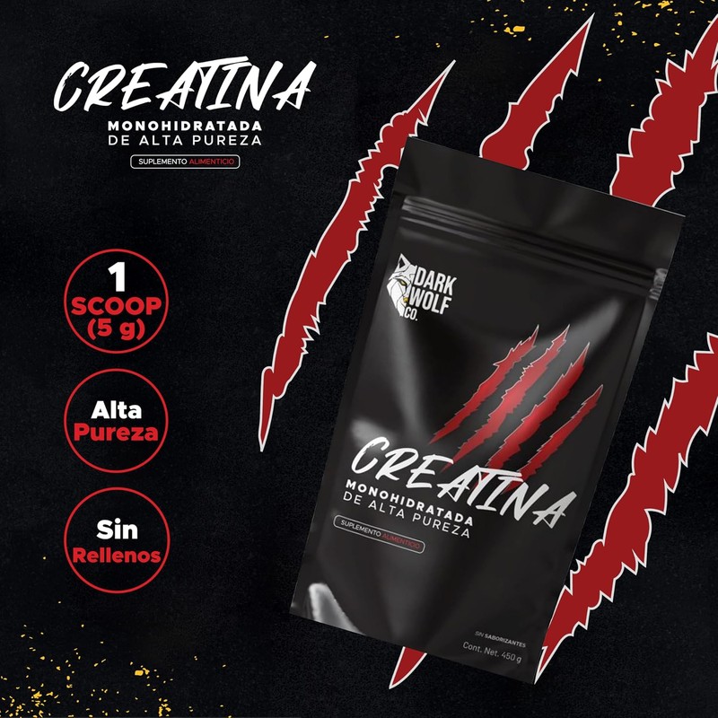 Creatina Monohidratada Dark Wolf, Alta Pureza, 100% Natural, Sin OGM,