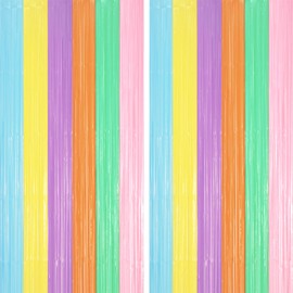 Voircoloria 2 Pack Pastel Rainbow Foil Fringe Backdrop Curtains, Tinsel Streamers Party Decorations, Fringe Backdrop, Door Shimmer for Baby Shower or Birthday Party