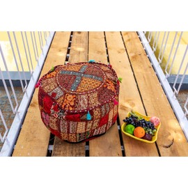THE ART BOX Puf de algodón con diseño de retazos de estilo bohemio, bordado vintage, fundas otomanas para niños, taburete decorativo, silla bohemia para decoración del hogar (14 x 22 pulgadas, solo funda)