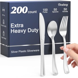 200 Count Heavy Duty Silver Plastic Silverware, 100 Forks, 50 Spoons, 50 Knives, BPA-Free, Heat Resistant, Disposable Silver Plastic Utensils Set, Silver Plastic Cutlery, Plasticware Bulk for Party