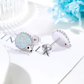 Opal Hedgehog Earrings 925 Sterling Sliver Hedgehog Earrings Tiny Cute Animal Stud Hedgehog Gift for Women with Gift Box (White)