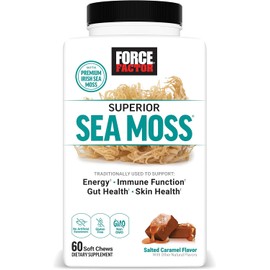 Force Factor Superior Sea Moss, Premium Irish Sea Moss to Support Energy, Immune Function, Gut Health, & Skin Health, Non-GMO, Gluten Free, Salted Caramel Flavor, 60 Soft Chews