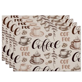 Coffee Placemts Set of 4, 12"x18" Brown Coffee Sketch Style Table Mats, Washable Heat-Resistant Linen Placemats for Dining Table Party, Birthday Housewarming Gift for Mom Friend Family-A16