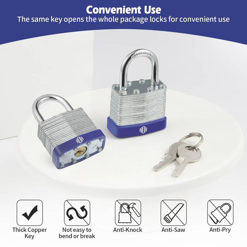 HOX Locks 6-Pack Keyed-Alike Padlocks w/ 1.2” Shackle, 1-9/16” Wide