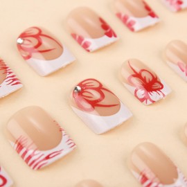 BABALAL Press on Nails Short Square Fake Nails White French Tip Glue on Nails Red Flower Acrylic Nails Glossy False Nails Art Design 24pcs Squoval Manicure Full Cover Artificial Nails for Women Girls