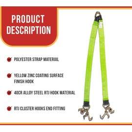 Mytee Products (2 Pack) Tow Straps V Bridle 3" x 48" w/RTJ Clusters, Hi VIZ/HI Abrasion Green Webbing, 5400 lbs WLL | Recovery V Strap w/Reinforced Webbing for Towing, Wrecker, Rollback, Car Hauler