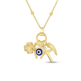 Fronay Collection 14k Gold Plated Lucky Charm Amulet Necklace, 17.5 Inches (Clover, Italian Horn, Cross, Evil Eye)