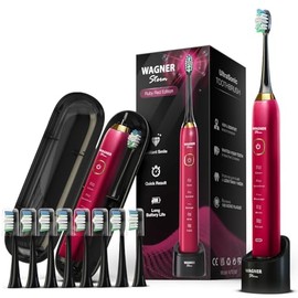 Wagner Stern El cepillo de dientes eléctrico blanqueador ultrasónico Ruby Red Edition cuenta con cinco modos de cepillado, ocho cabezales de cepillo suaves y un estuche de viaje premium.