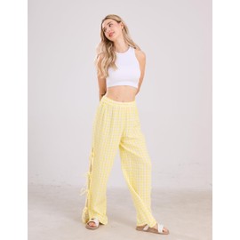 codcm Womens Gingham Striped Wide Leg Pants Y2k Lounge Pants Lace Up Loose Trousers(Yellow Plaid,Medium)