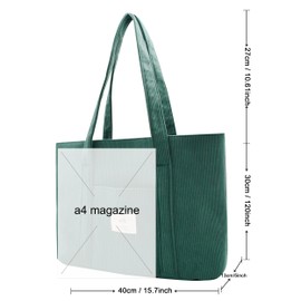 Women's Corduroy Large Handbag Tote Bag Shopper with Zip for Books Travel Everyday School Work Shopping, Green