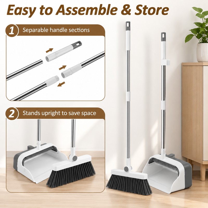 Upright Broom and Dustpan Set – 180° Foldable Dustpan with