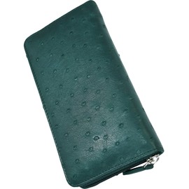 Bliss Leather Genuine Ostrich Long Wallet, Round Zip, YKK Luxury Ostrich Leather, green