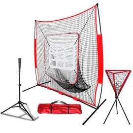 Smartxchoices 7x7 Feet Baseball Softball Hitting Pitching Practice Net with Yellow Strike Zone, Batting Tee,Ball Caddy Set with Carry Bag, Baseball Backstop Practice Net for Pitching Batting Catching
