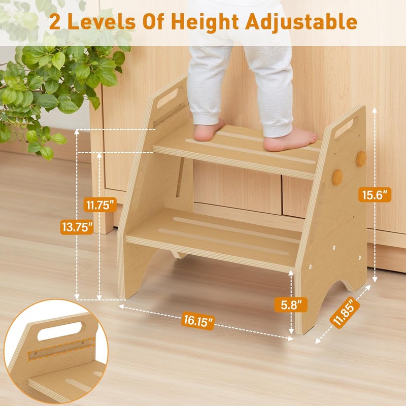 Toddler Step Stool, Wooden Height-Adjustable 2 Step Stool for Kids,