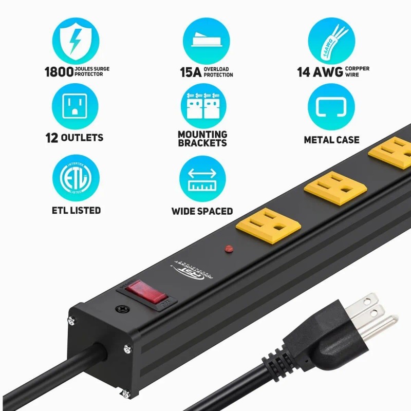 CRST 12-Outlet Heavy Duty Surge Protector Power Strip Bar 1800