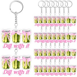 Equsion 30 Pcs Coquette Pickle Dill with It Keychain Funny Gifts for Pickle Lovers Pink Bow Coquette Acrylic Keyrings Cucumber Glass Jar Gifts for Purse Backpack Accessory Birthday Party Decor