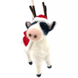 THE JOY TREE Cow Ornament - Wool Cow with Antlers and Santa Hat Christmas Decoration