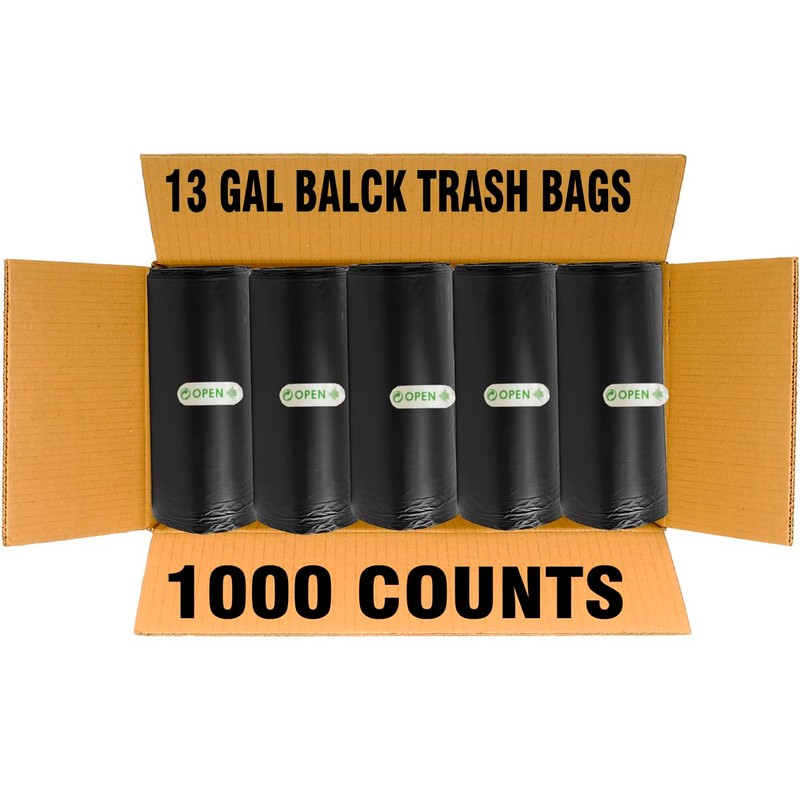 13 Gallon Trash Bags, 1000 Count Bulk Value Pack, Black
