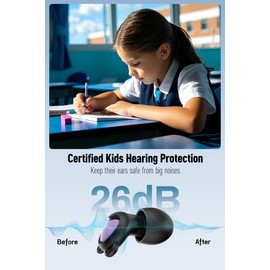 Kids Ear Plugs (6-12 yrs) - Reusable Noise Reduction Earplugs for Sleeping, Focus, Travel, Concerts, Socializing, Events, Noise Sensitivity - 8 Tips in XS/S/M/L for Adult with Small Ear Canals, 26 dB