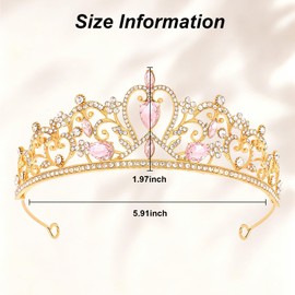 KEUKORZ Crown for Women Princess Gold Tiara for Girls Shiny Pink Rhinestone Hair Accessories for Birthday Crown for Wedding and Party